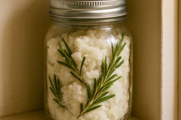 Un bocal renferme un melange de sel epais et romarin dans une piece eclairee doucement.