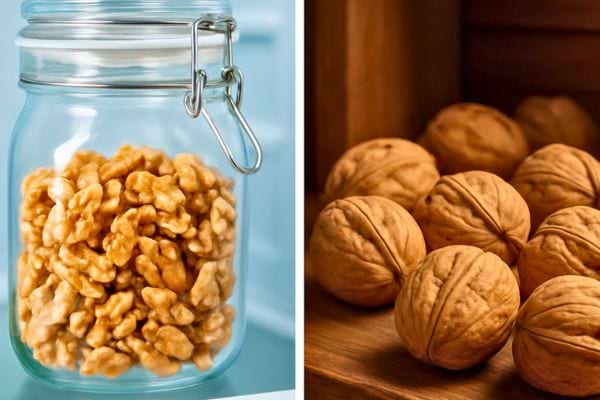 Noix décortiquées dans un bocal et noix entières posées à côté.