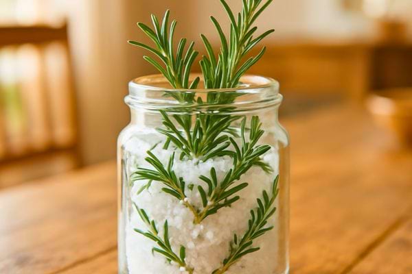 Un bocal en verre rempli de sel et de romarin repose sur une table en bois.
