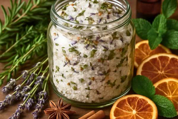 Un bocal rempli de sel aromatise avec herbes, lavande et agrumes est pose sur une table rustique.