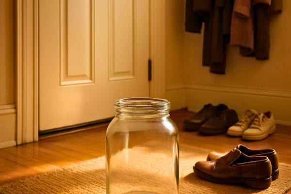 Un grand bocal vide repose pres de chaussures dans une entree baignee de lumiere chaude.