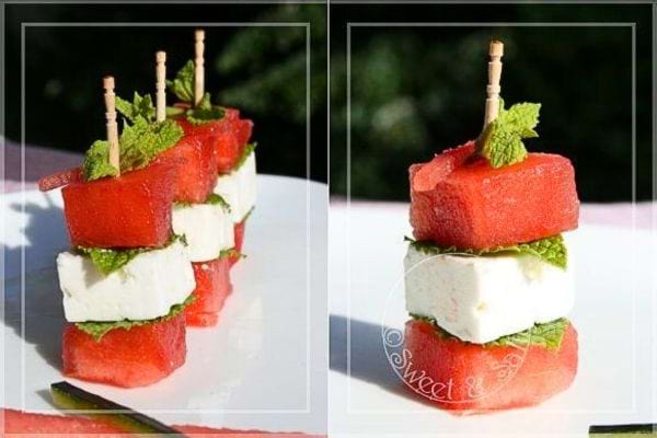 mini brochettes pastèque, féta, menthe