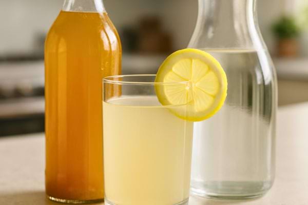 Un verre de boisson citronnée est placé devant deux bouteilles, dont une de vinaigre.