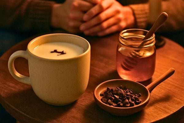 Une tasse de lait chaud avec clous de girofle est posee pres du miel.