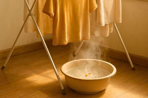 Un bol d eau chaude fume sous du linge pour accelerer le sechage.