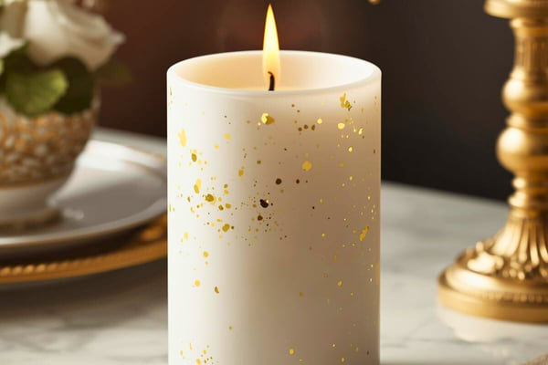 Bougie blanche ornée de taches dorées, allumée sur une table élégante décorée d’or.