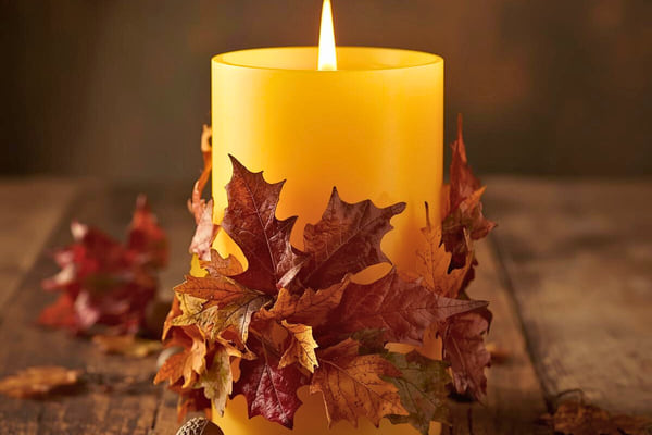 Bougie jaune entourée de feuilles d’automne séchées, posée sur une table rustique.