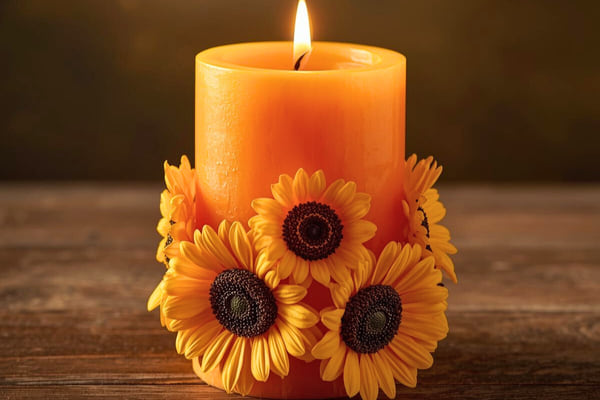Bougie orange décorée de tournesols allumée sur une table en bois rustique.