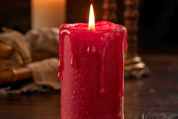 Bougie rouge à la cire fondue allumée, dégageant une ambiance chaleureuse et intime.