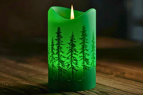 Bougie verte ornée de silhouettes de sapins éclairée doucement sur une table sombre.