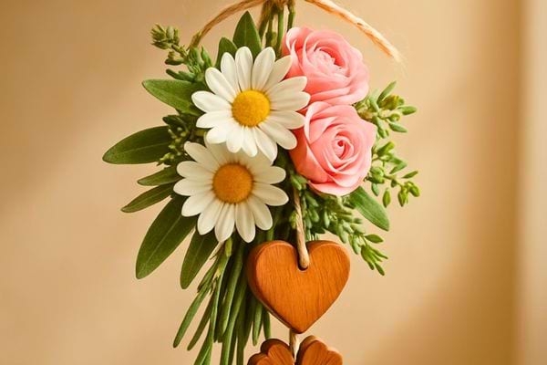 Un petit bouquet decoratif avec marguerites, roses et coeurs en bois est suspendu.
