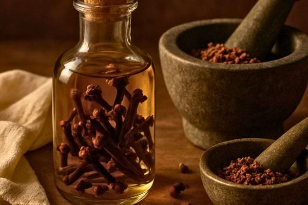 Une bouteille d huile avec clous de girofle est entouree de mortiers.