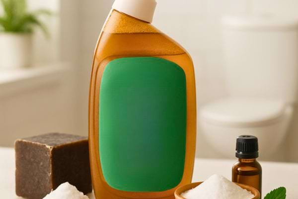 Bouteille ambrée entourée de savon noir, poudre blanche et huiles pour préparer un nettoyant maison efficace.