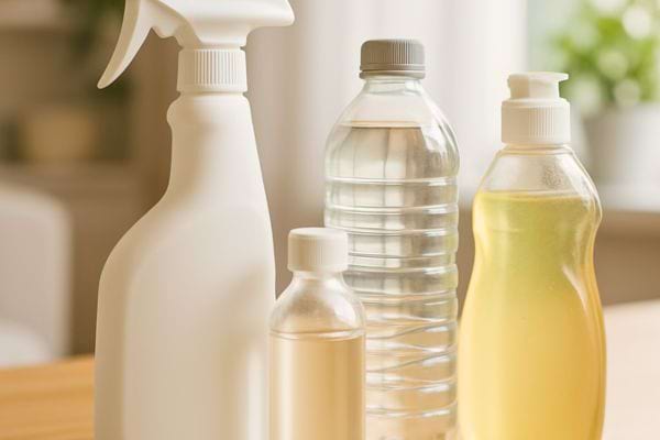 Plusieurs bouteilles de produits m&eacute;nagers naturels pos&eacute;es sur une table en bois dans une lumi&egrave;re douce.