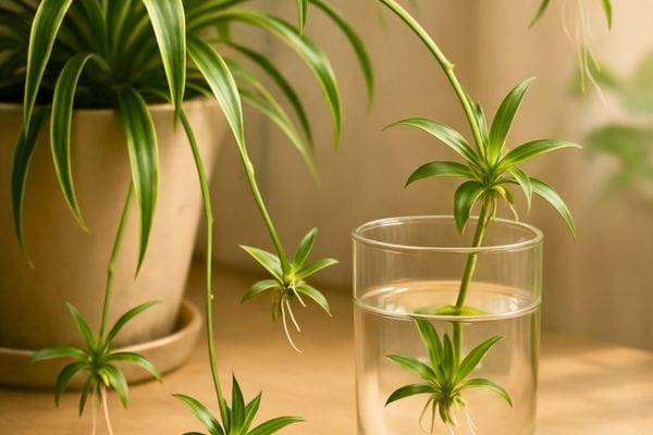 De jeunes boutures de plante araignee developpent leurs racines dans un verre d’eau.