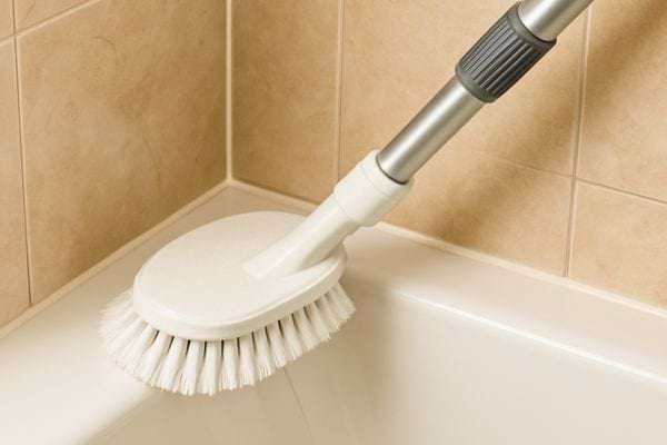 Une brosse blanche a long manche frotte le bord d’une baignoire propre.