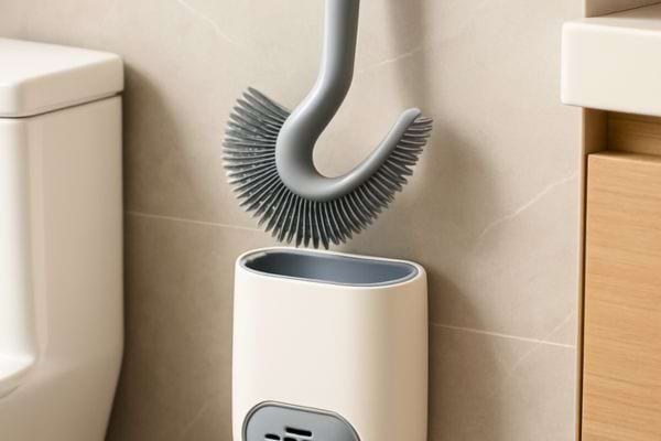 Une brosse wc en silicone est suspendue au-dessus de son support moderne.