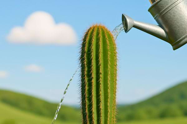 Un arrosoir verse de l eau sur un grand cactus plante dehors sous le soleil.