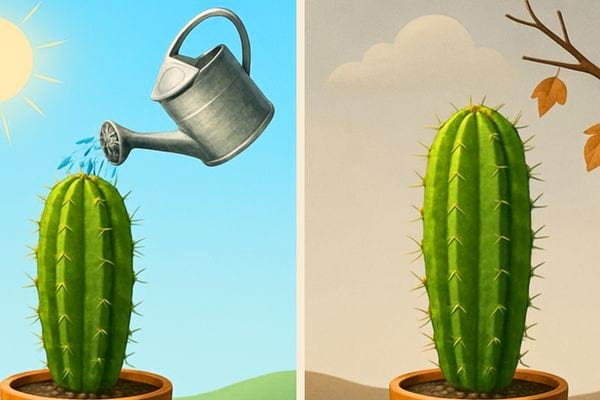 Deux images montrent un cactus arrose en ete puis sans eau en automne.