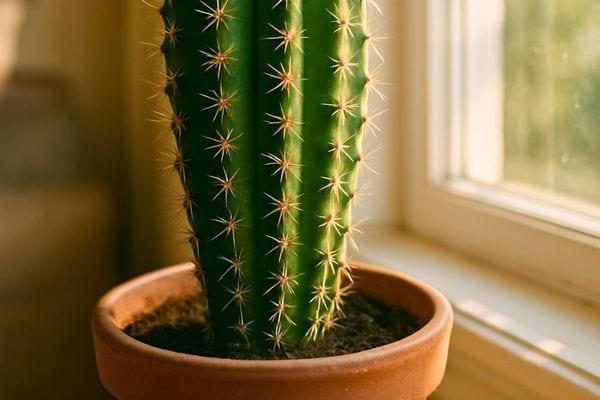 Un cactus vert pousse dans un pot en terre cuite pres d une fenetre ensoleillee.