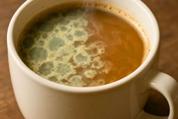Gros plan d’une tasse de café contenant une large couche de moisissure.