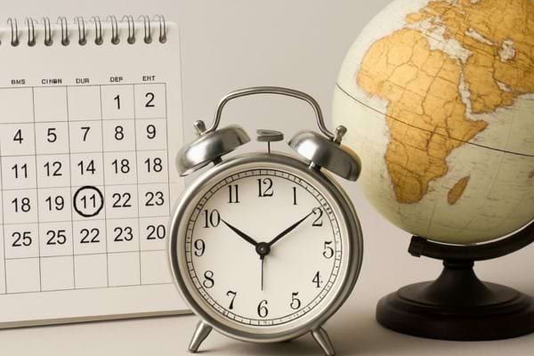 Un calendrier, une horloge et un globe sont réunis pour évoquer date et lieu de naissance.