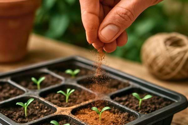  une main saupoudre de la cannelle sur de jeunes pousses.