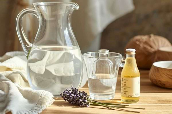 Carafe et verre d’eau accompagnés d’un petit flacon et d’une branche de lavande sur table en bois.