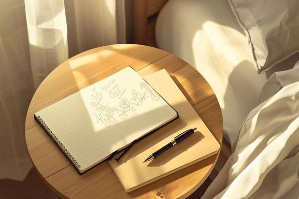 Carnet ouvert avec des dessins et un stylo posé sur une table en bois éclairée par le soleil.