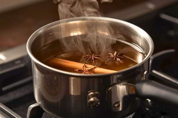 Casserole en métal contenant une infusion chaude avec anis étoilé et bâton de cannelle fumant.
