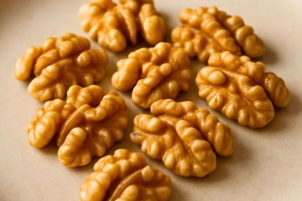 Gros plan sur plusieurs cerneaux de noix alignés.