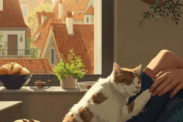 Chat tacheté reposant sur les genoux d’une personne près d’une fenêtre ensoleillée.