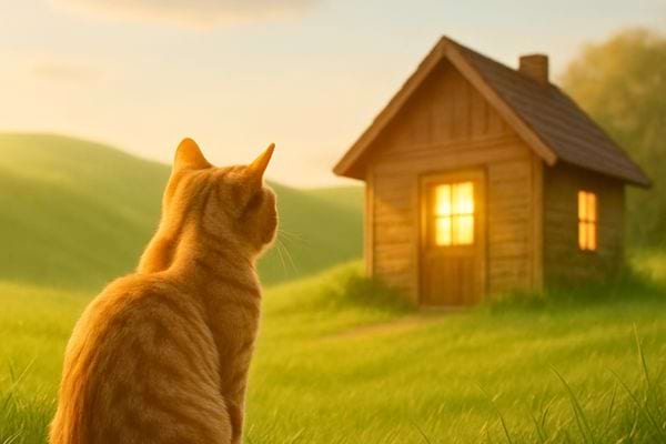 Un chat observe une petite maison eclairee sous la lumiere du soir.