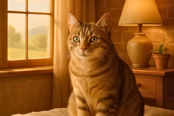 Un chat tigr&eacute; est assis dans une piece chaleureuse pres d une fenetre.