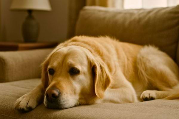 Chien beige allonge sur un canape, air triste et fatigue.
