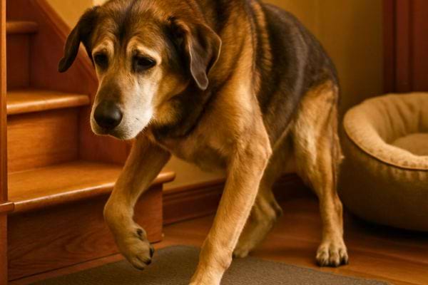 Chien fonce descendant les marches avec une patte douloureuse.