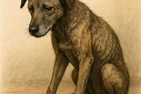 Illustration d&rsquo;un chien maigre assis avec un air abattu.
