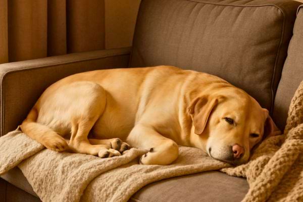 Chien beige endormi en boule sur un canape confortable.