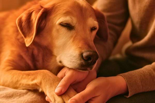 Un chien repose les yeux fermes sur les mains d’une personne qui le rassure doucement.