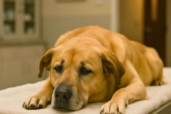 Un chien allonge sur une table semble affaibli lors d’une visite chez le veterinaire.