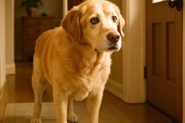 Chien beige debout dans un couloir, regard inquiet.