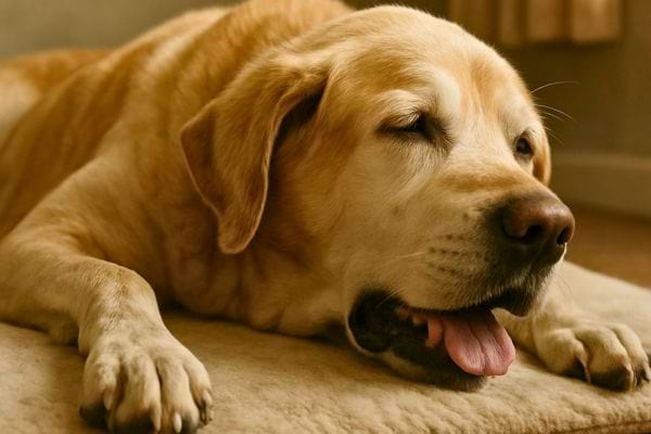 Chien fatigue et haletant allonge sur un tapis doux.