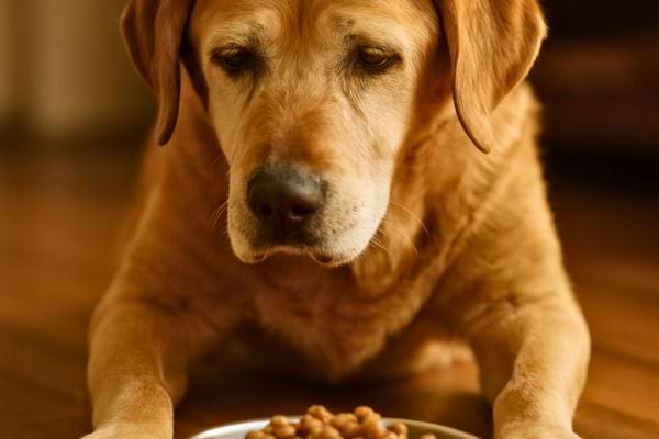 Chien regardant sa gamelle sans appetit.