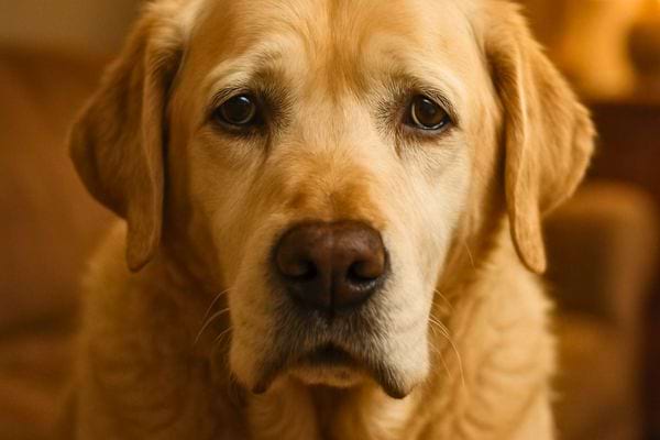 Gros plan d&rsquo;un chien beige au regard fatigue et silencieux.