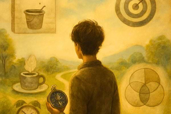 Personne observant des symboles representant choix et objectifs de vie.