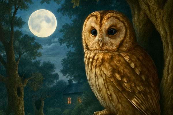 Une chouette brune est perchee dans une foret sous la pleine lune.