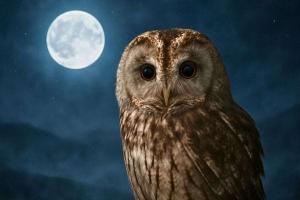 Une chouette brune pose devant une pleine lune brillamment eclairee.