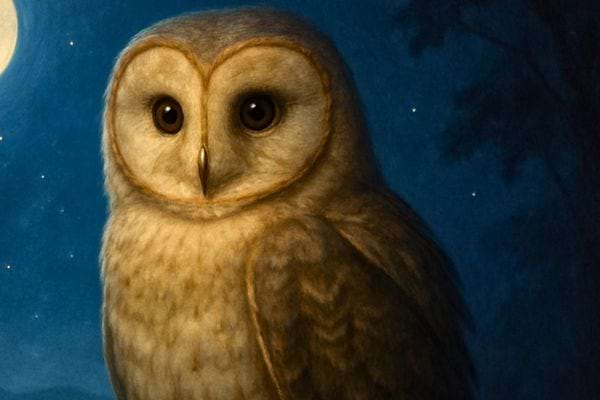 Une chouette claire observe dans la nuit pres de la pleine lune.