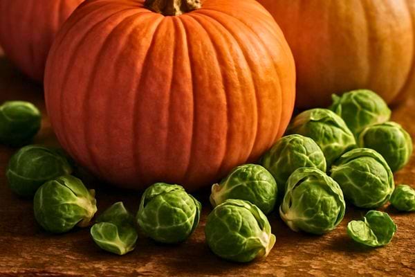 Citrouilles oranges entourées de choux de Bruxelles sur une table rustique.