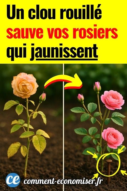 Un rosier fané jaunissant et le même rosier avec fleurs vibrantes, avec un petit clou rouillé dans le sol.